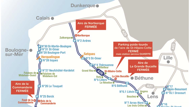 Crise migratoire : 3 aires de repos et un parking PL fermés sur l'A16 et l'A26.