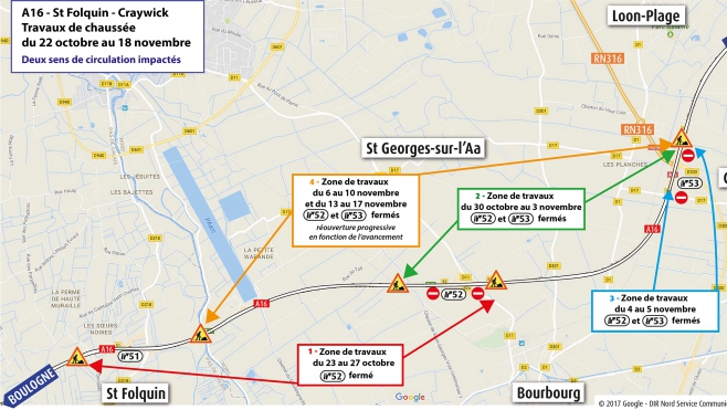 L'A16 en travaux entre St Folquin et Craywick jusqu'au 18 novembre.