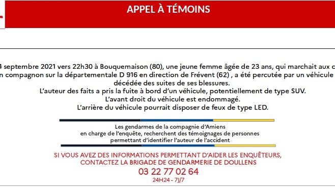 Un appel à témoins lancé aprés le décès d'une jeune femme fauchée par une voiture dans la Somme.