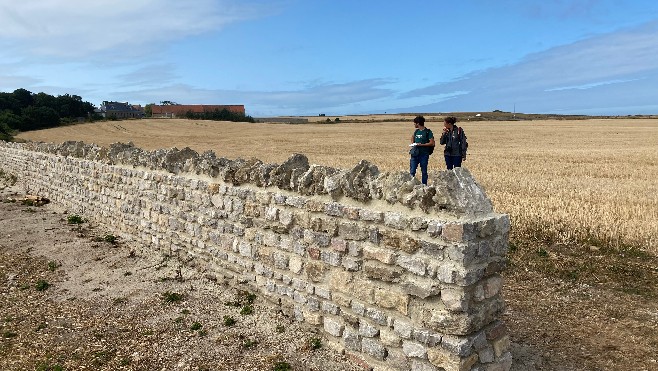 Un muret traditionnel du boulonnais en cours de restauration à Wimereux.