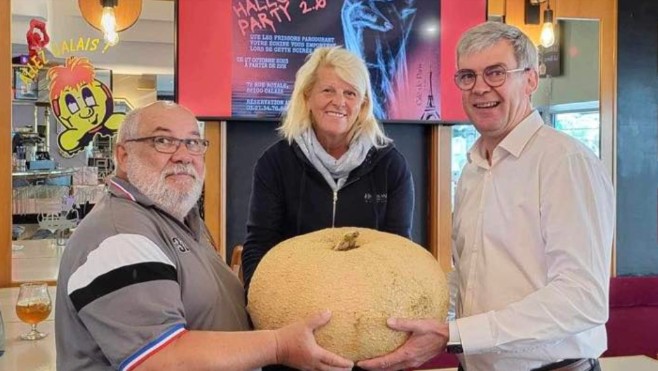 Calais / Insolite : un couple d'Ardres offre une citrouille de 26 kilos au restaurant le Café de Paris
