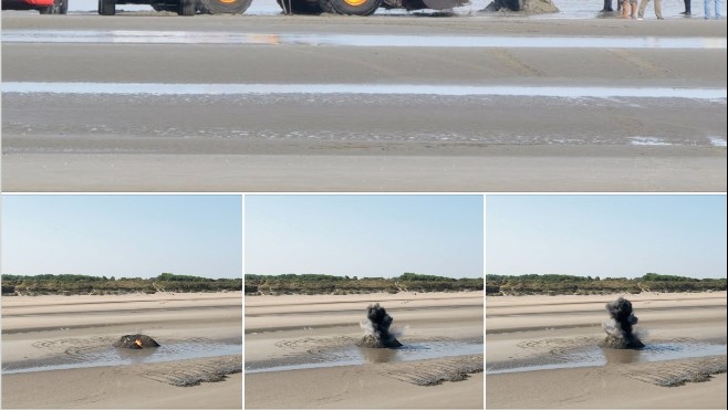Déminage : A Bray-Dunes, un bloc de défense a été détruit sur la plage mardi.