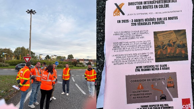 Les agents de la DIR Nord manifestent au rond-point des Parapluies à Dunkerque ce jeudi matin