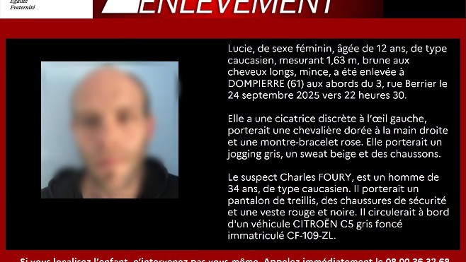 Alerte Enlèvement : Lucie 12 ans retrouvée et le suspect interpellé.