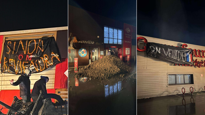 Audruicq : des jeunes agriculteurs déversent lisier et pommes de terre avariées devant un supermarché Carrefour