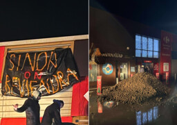 Audruicq : des jeunes agriculteurs déversent lisier et pommes de terre avariées devant un supermarché Carrefour